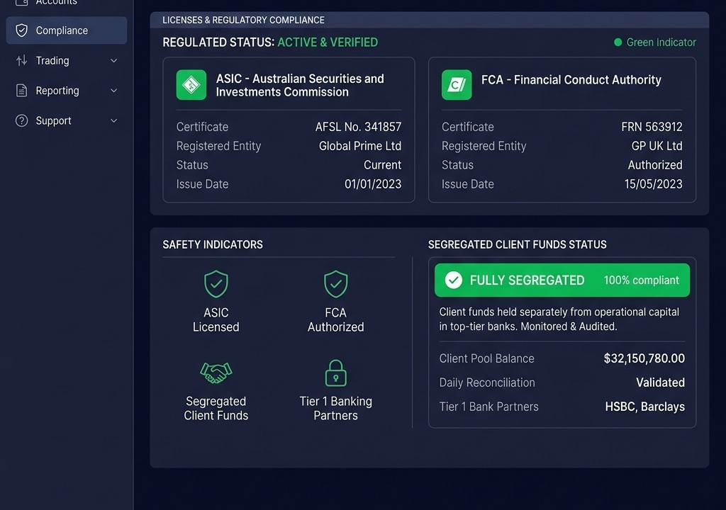 Regulated binary platform security page highlighting global compliance licenses and segregated client funds.